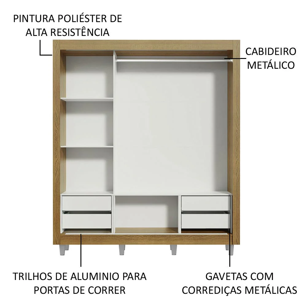 Guarda-Roupa Casal Madesa Lyon Plus 3 Portas de Correr 4 Gavetas com Pés Rustic/Branco - Image 5