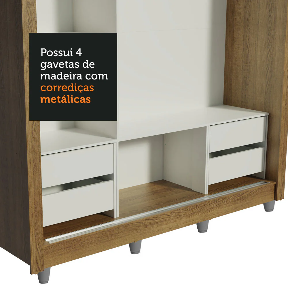 Guarda-Roupa Casal Madesa Lyon Plus 3 Portas de Correr 4 Gavetas com Pés Rustic/Branco - Image 8