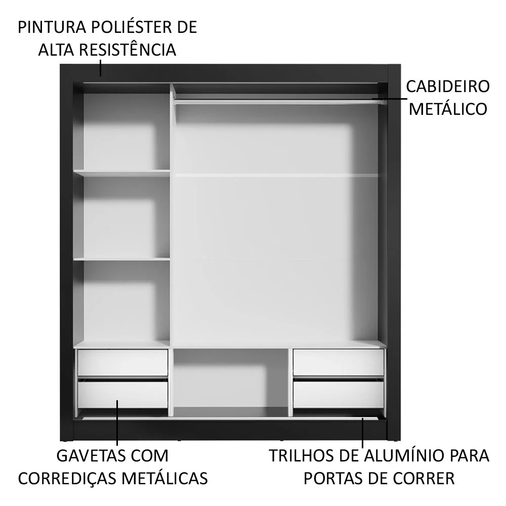 Guarda-Roupa Casal Madesa Lyon Plus 3 Portas de Correr 4 Gavetas Preto - Image 6