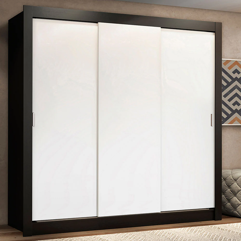 Guarda-Roupa Casal Madesa Lyon Plus 3 Portas de Correr 4 Gavetas Preto/Branco