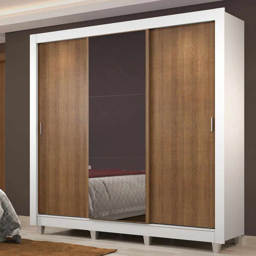 Guarda-Roupa Casal Madesa Lyon Plus 3 Portas de Correr com Espelho 4 Gavetas com Pés Branco/Rustic