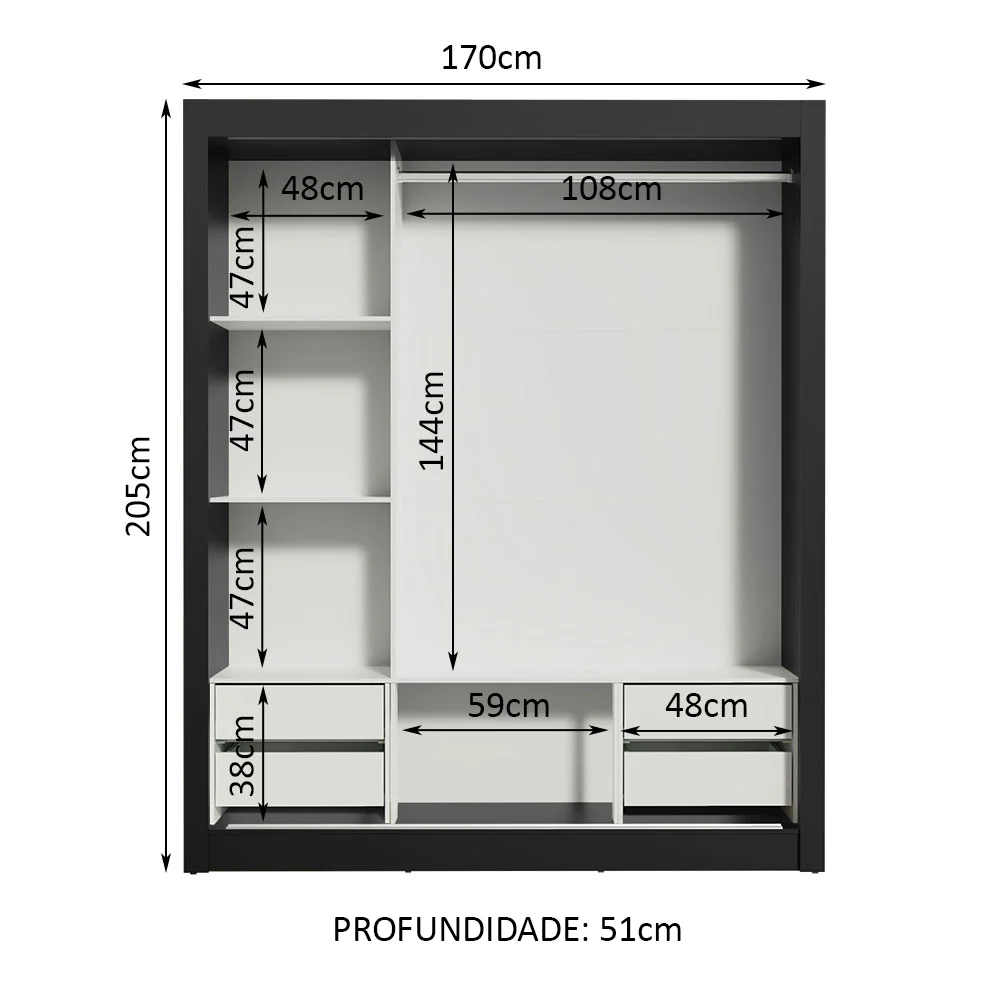 Guarda-Roupa Casal Madesa Lyon Plus 3 Portas de Correr com Espelho 4 Gavetas Preto/Branco - Image 4