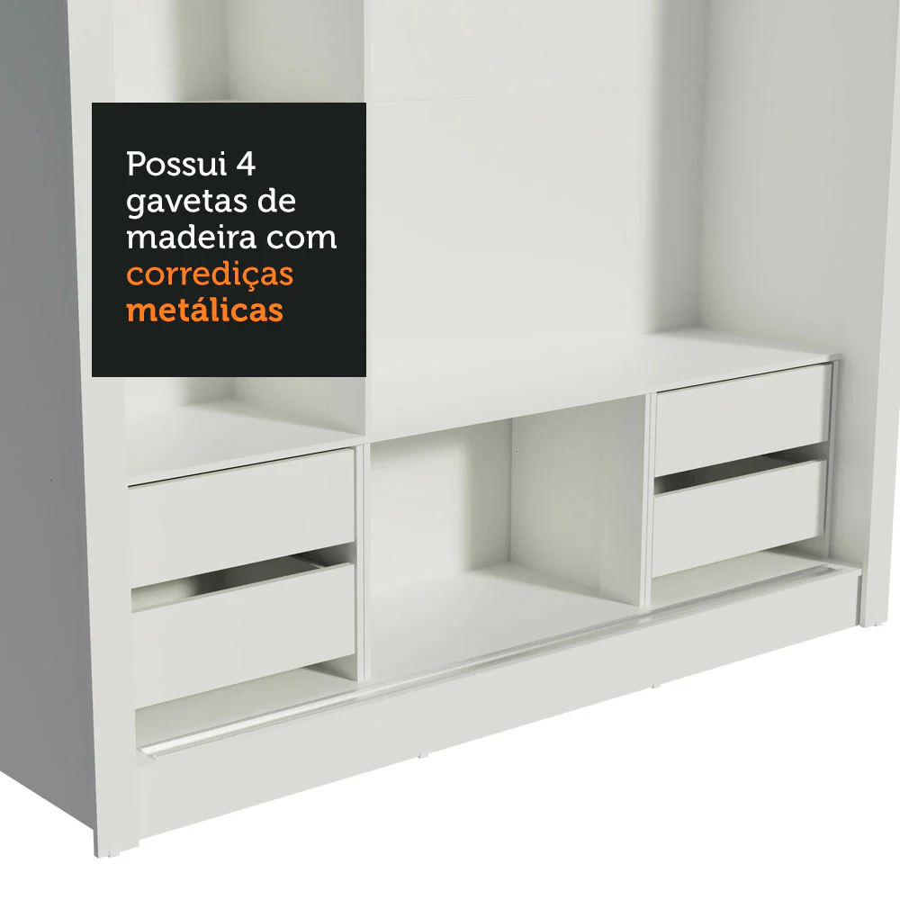 Guarda-Roupa Casal Madesa Lyon Plus 3 Portas de Correr com Espelhos 4 Gavetas Branco - Image 9