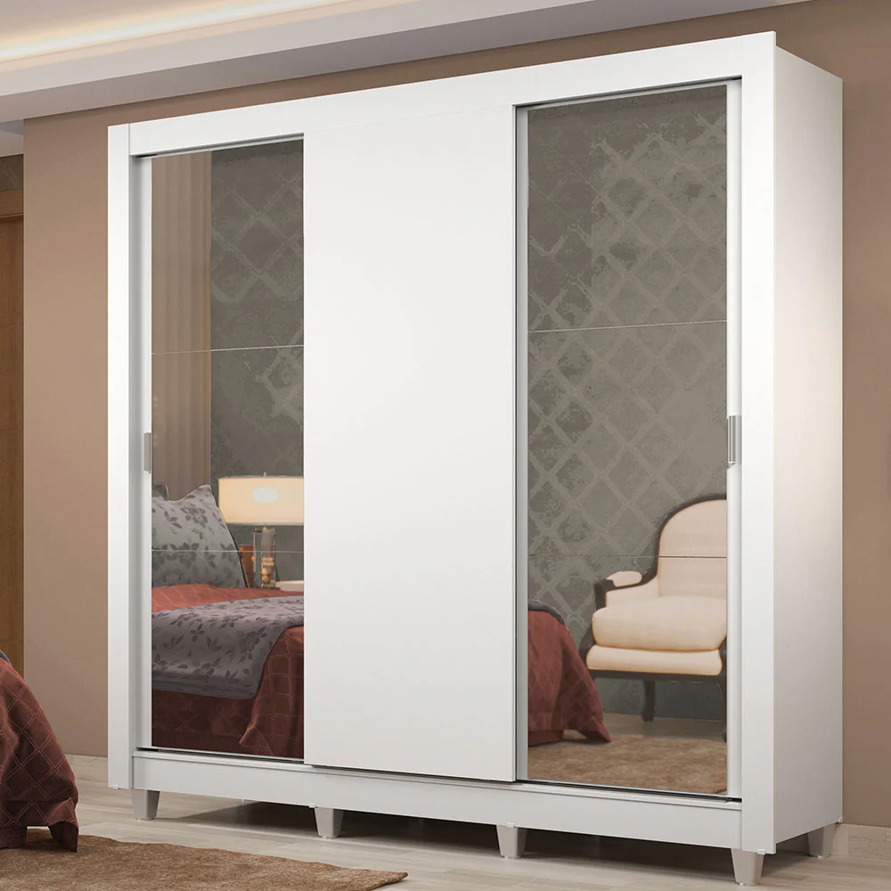Guarda-Roupa Casal Madesa Lyon Plus 3 Portas de Correr com Espelhos 4 Gavetas com Pés Branco