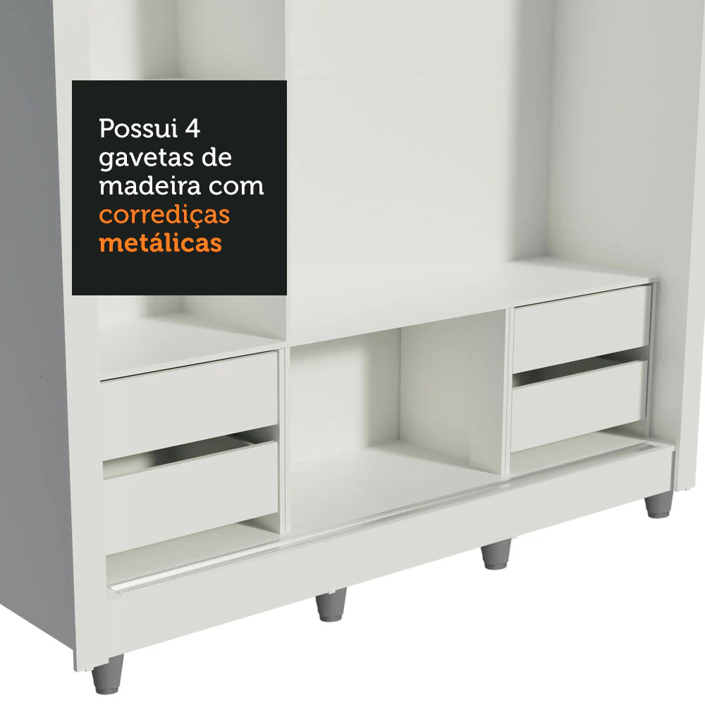 Guarda-Roupa Casal Madesa Lyon Plus 3 Portas de Correr com Espelhos 4 Gavetas com Pés Branco/Rustic - Image 8