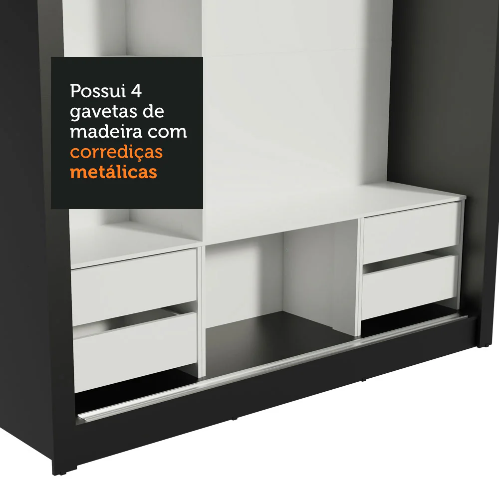 Guarda-Roupa Casal Madesa Lyon Plus 3 Portas de Correr com Espelhos 4 Gavetas Preto/Rustic - Image 9