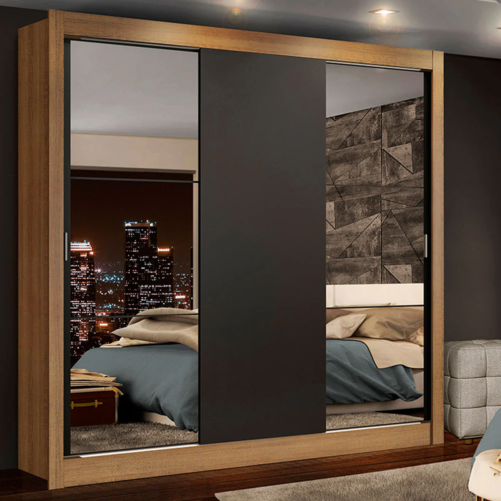 Guarda-Roupa Casal Madesa Lyon Plus 3 Portas de Correr com Espelhos 4 Gavetas Rustic/Preto