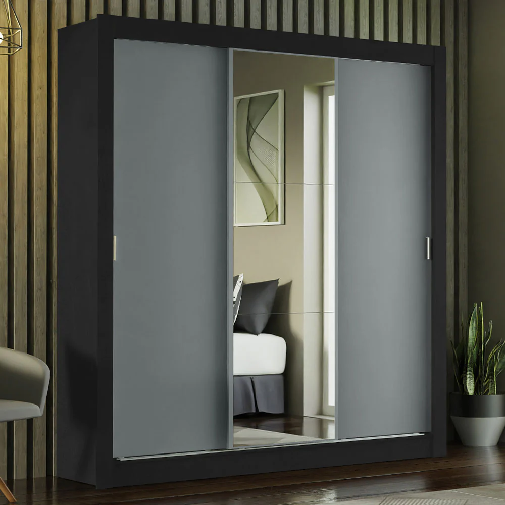 Guarda-Roupa Casal Madesa Mônaco 3 Portas de Correr com Espelho Preto/Cinza