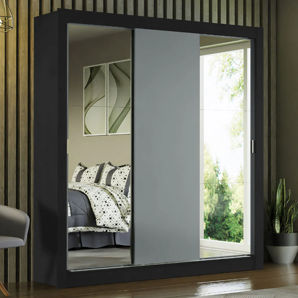 Guarda-Roupa Casal Madesa Mônaco 3 Portas de Correr com Espelhos Preto/Cinza