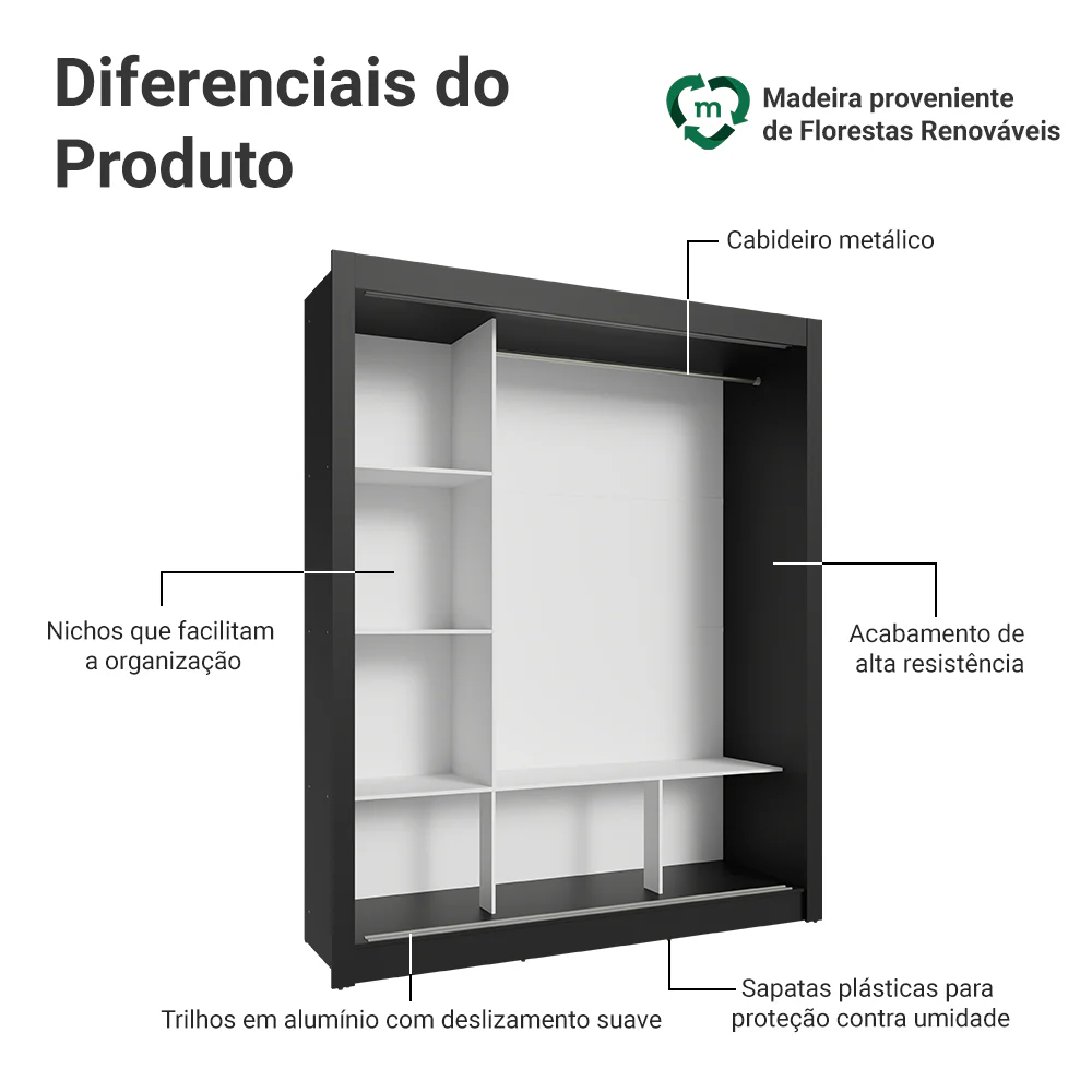 Guarda-Roupa Casal 3 Portas de Correr com Espelho Preto/Rustic Madesa Mônaco - Image 4