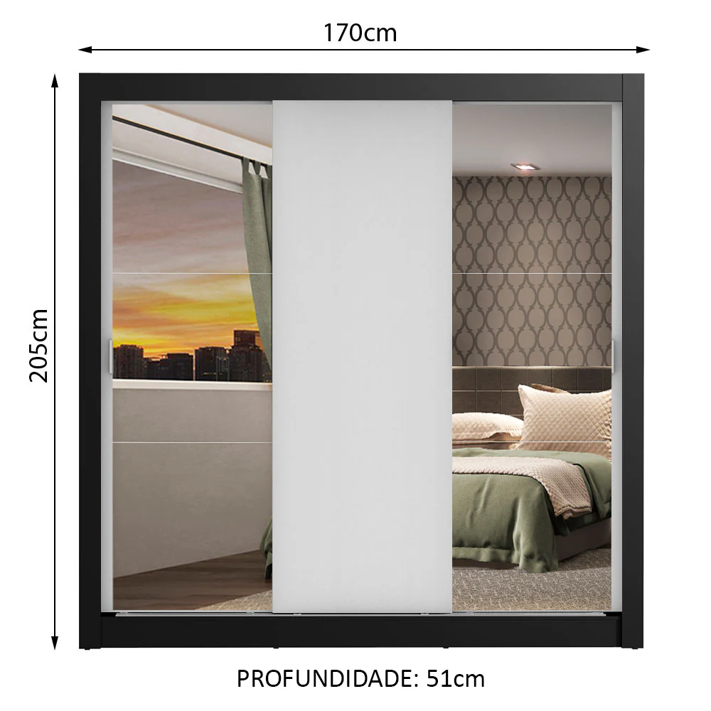 Guarda-Roupa Casal Madesa Mônaco 3 Portas de Correr com Espelhos Preto/Branco - Image 3