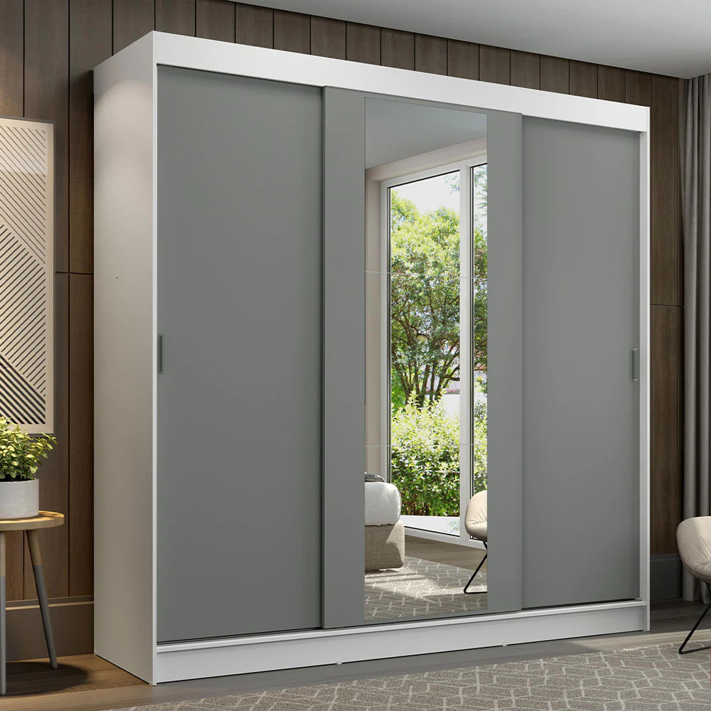 Guarda-Roupa Casal 3 Portas de Correr com Espelho Branco/Cinza Madesa Reno