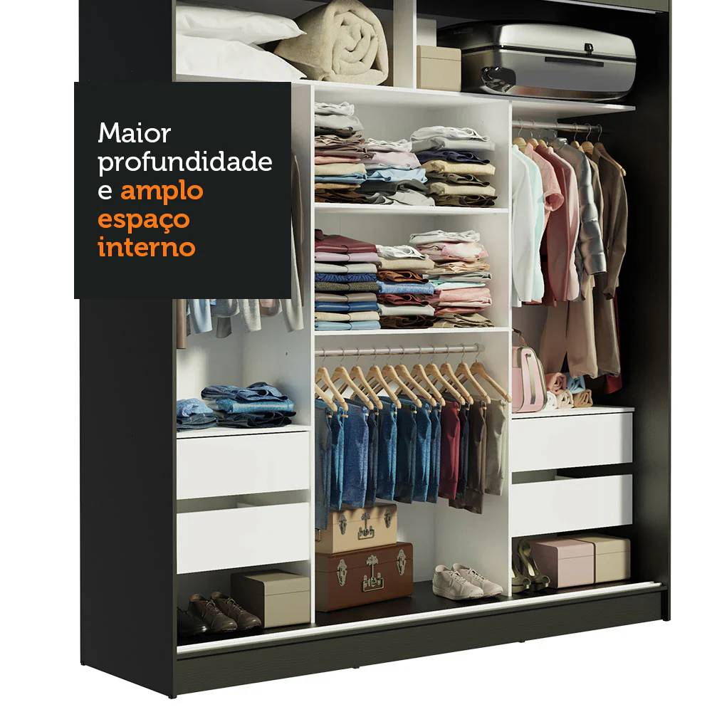 Guarda-Roupa Casal Madesa Reno 3 Portas de Correr com Espelho Preto/Cinza - Image 6