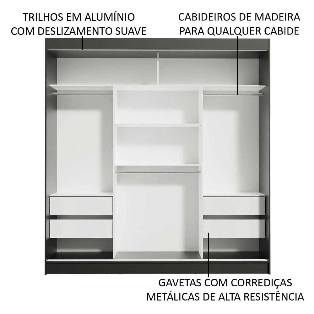 Guarda-Roupa Casal Madesa Reno 3 Portas de Correr Preto/Cinza - Image 5