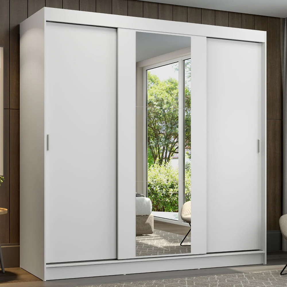 Guarda-Roupa Casal 3 Portas de Correr com Espelho Branco Madesa Reno
