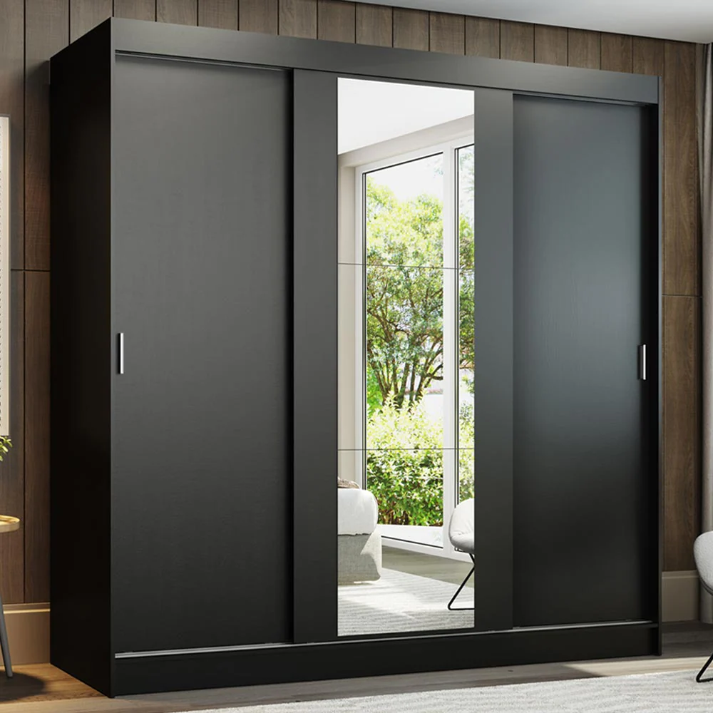 Guarda-Roupa Casal 3 Portas de Correr com Espelho Preto Madesa Reno