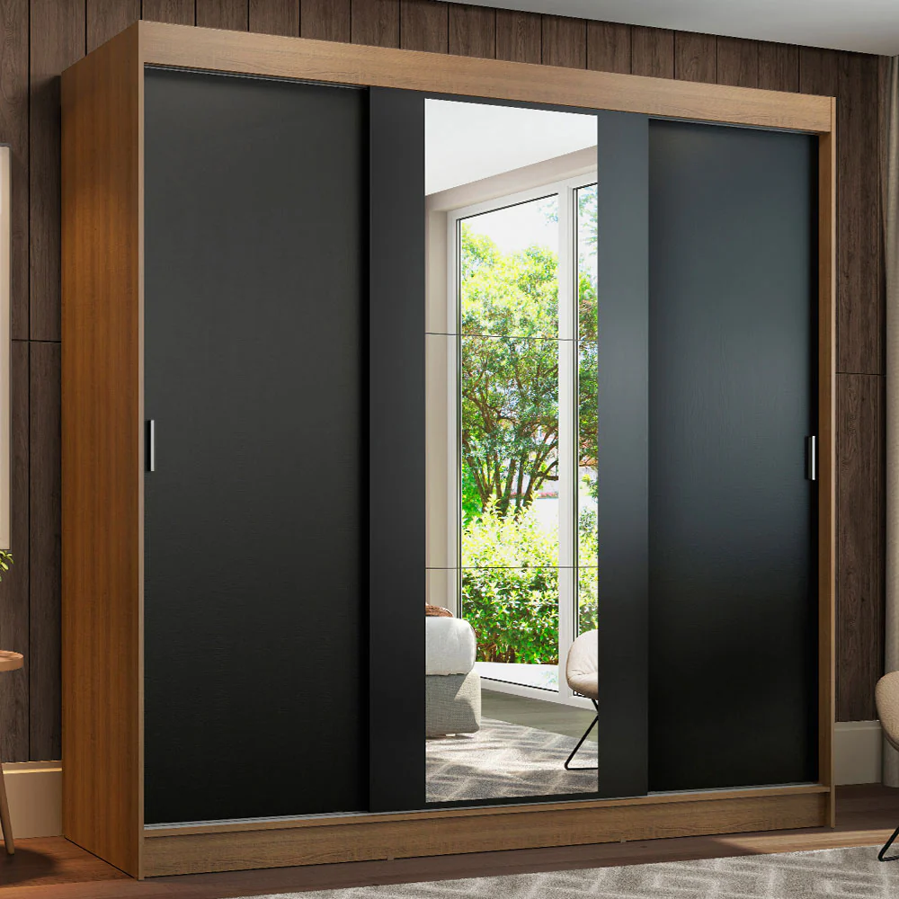 Guarda-Roupa Casal 3 Portas de Correr com Espelho Rustic/Preto Madesa Reno