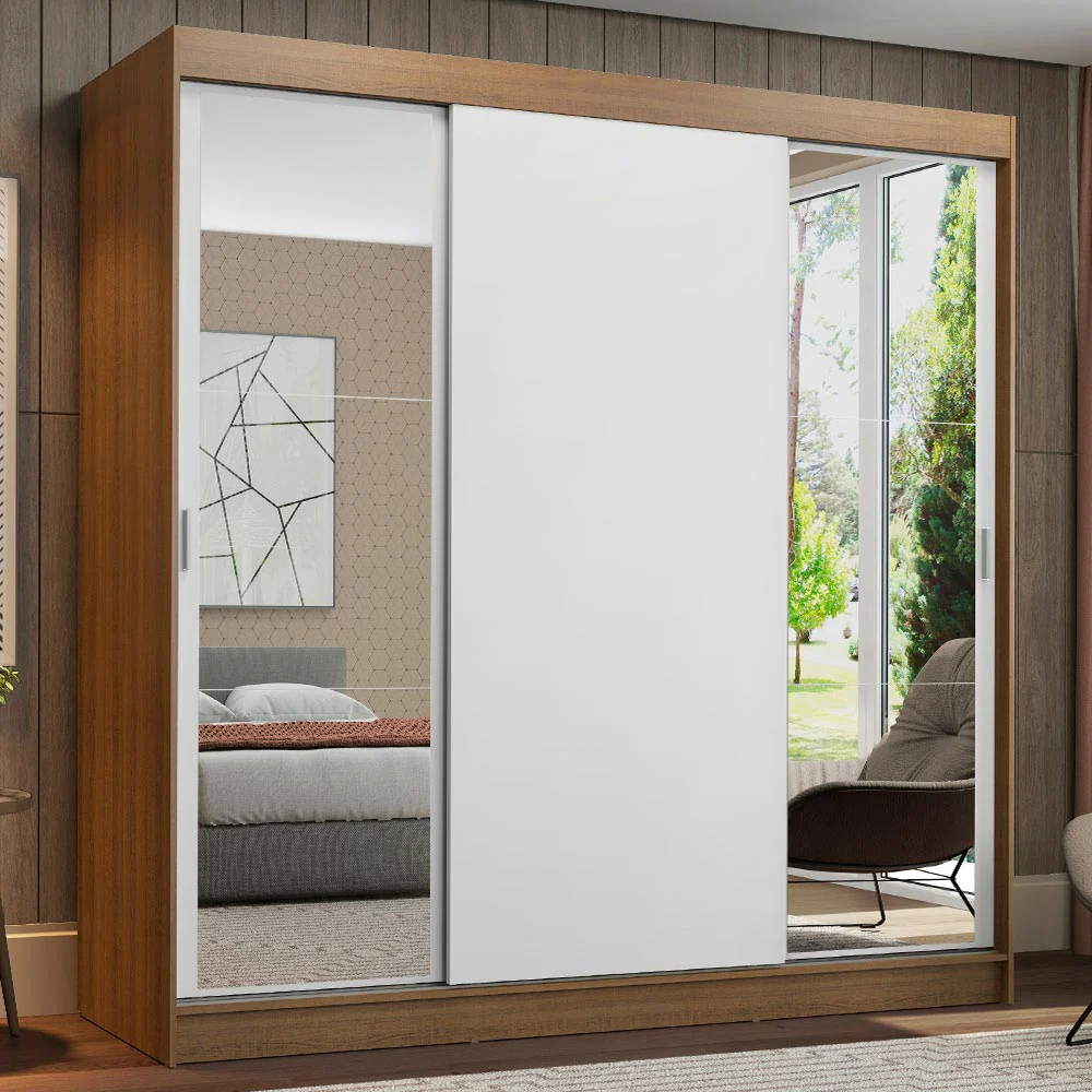 Guarda-Roupa Casal Madesa Reno 3 Portas de Correr com Espelhos Rustic/Branco