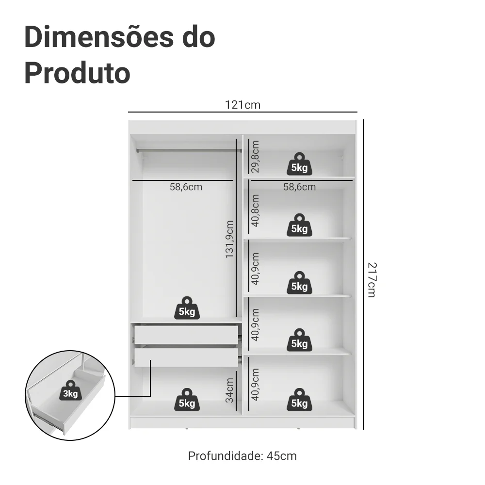 Guarda-Roupa Closet 2 Gavetas 121 cm Branco Venus Madesa - Image 3