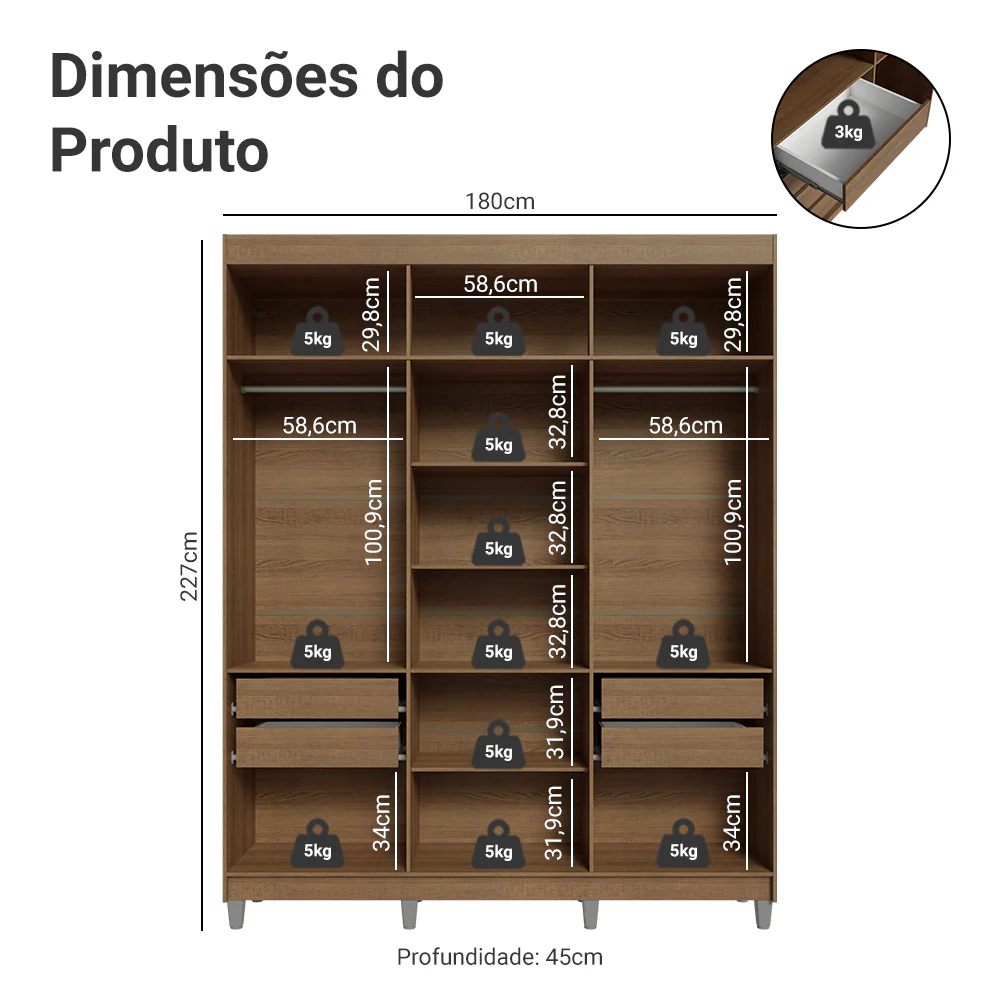 Guarda-Roupa Closet com Pés 4 Gavetas 180cm Rustic Venus Madesa - Image 3