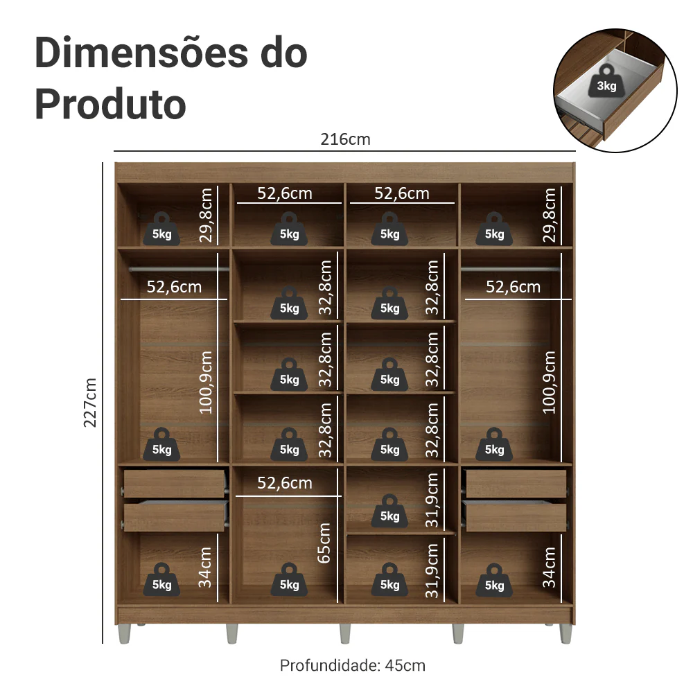 Guarda-Roupa Closet com Pés 4 Gavetas 216cm Rustic Venus Madesa - Image 3