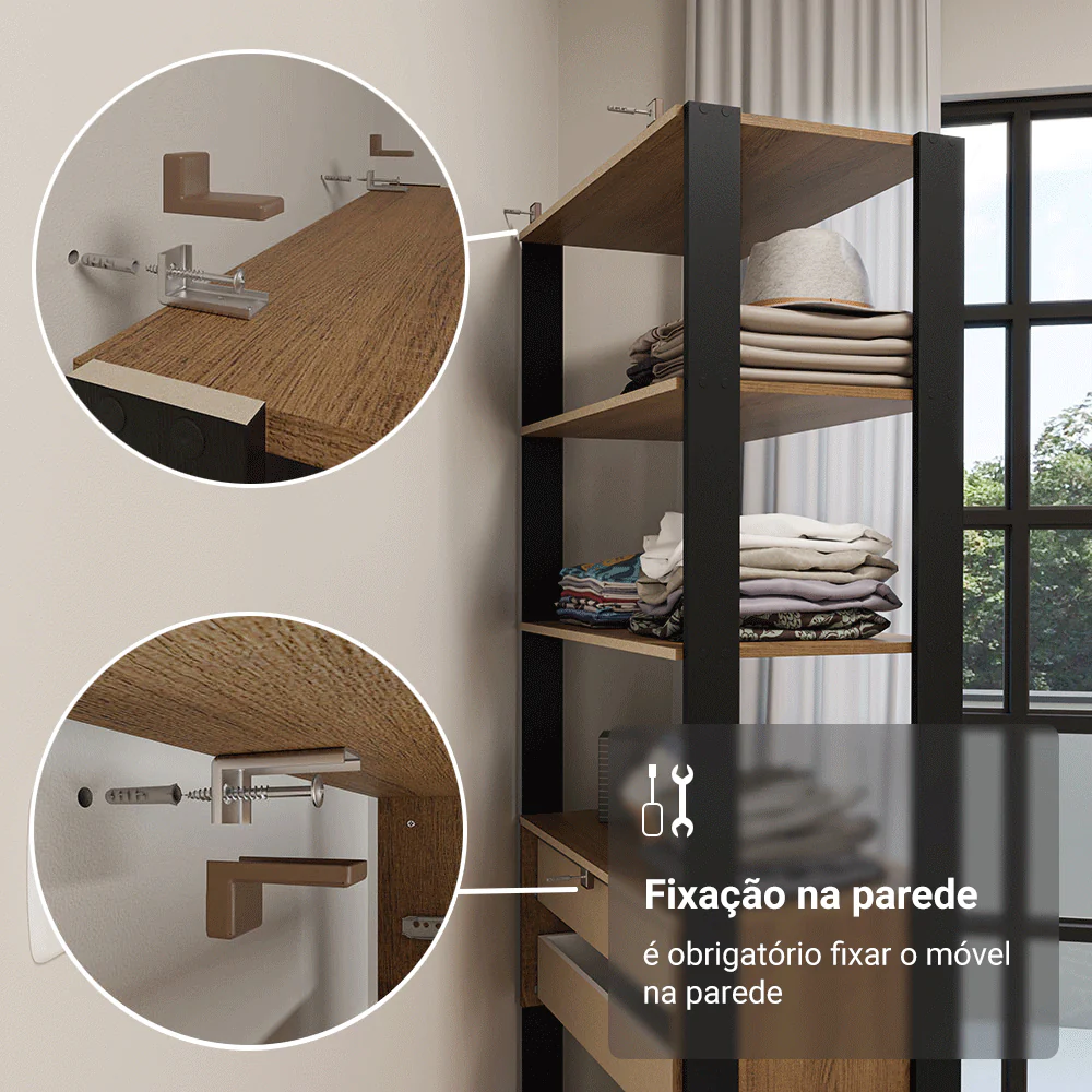 Guarda-Roupa Closet Modulado 6 Gavetas 12 Prateleiras 210cm Rustic/Preto Valencia Madesa - Image 7