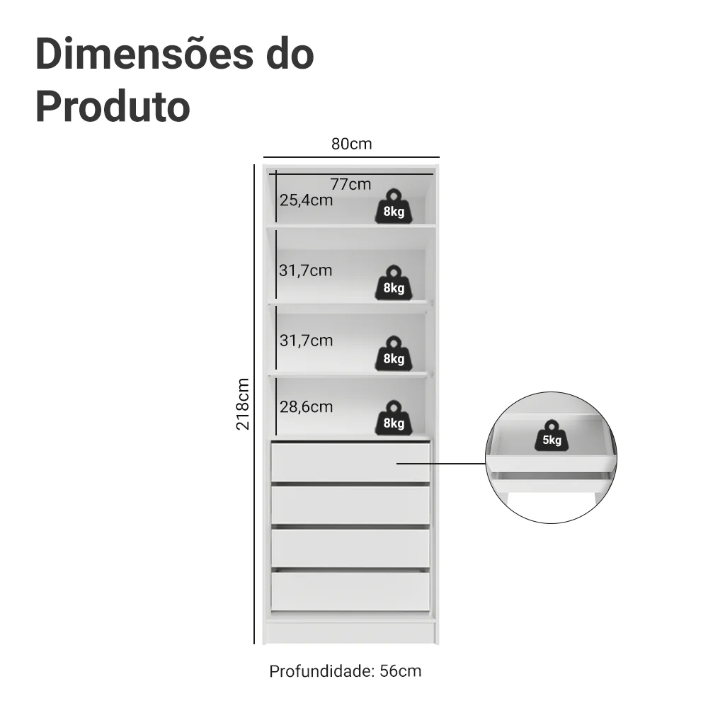 Guarda-Roupa Modulado 2 Portas com Espelho 4 Gavetas 4 Prateleiras Branco Neo Madesa - Image 2