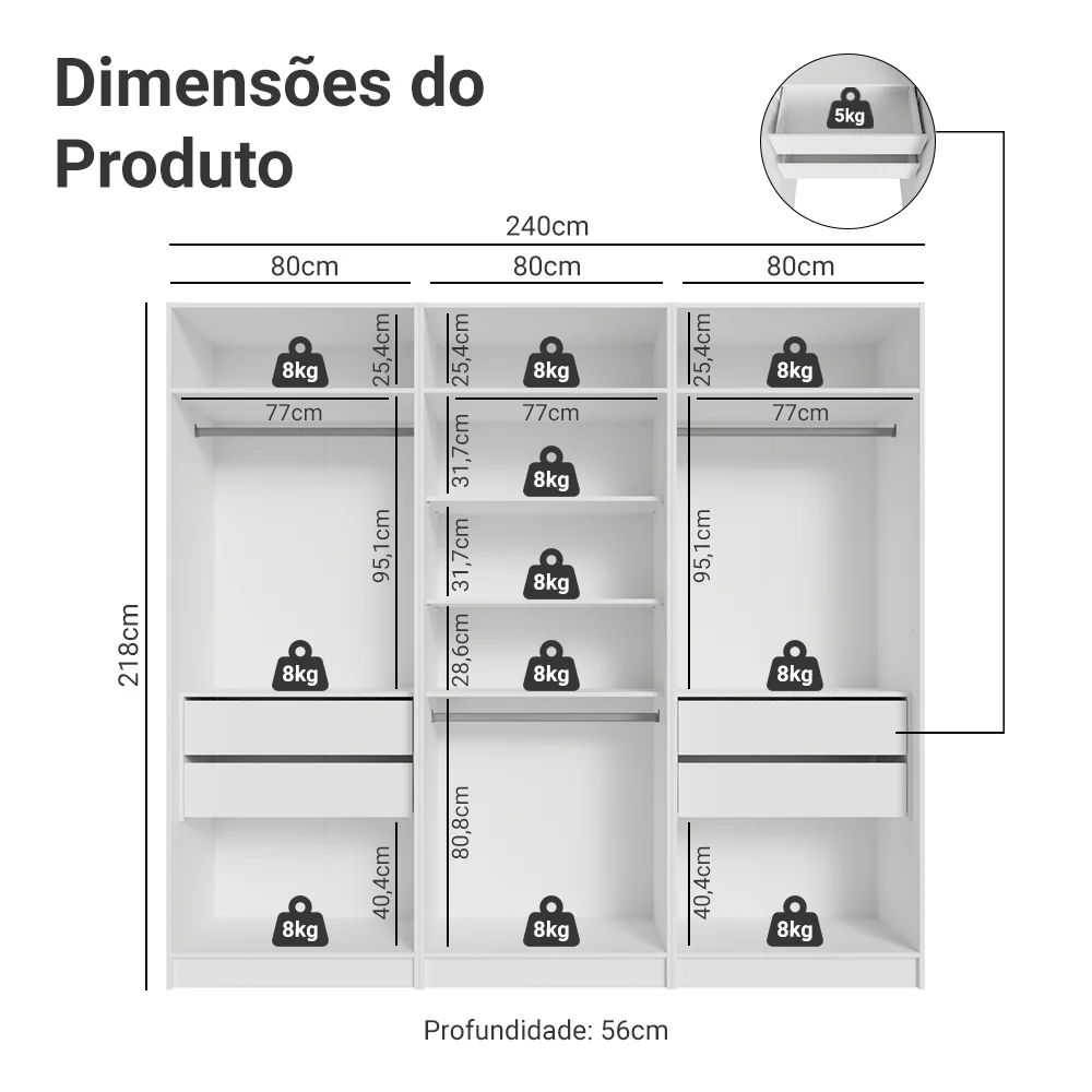 Guarda-Roupa Modulado 240 cm 6 Portas com Espelhos 4 Gavetas Branco Neo Madesa 02 - Image 3
