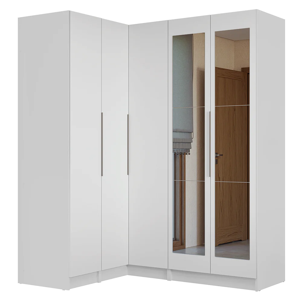 Guarda-Roupa Modulado de Canto 310 cm 5 Portas com Espelhos 2 Gavetas Branco Neo Madesa 04 - Image 2