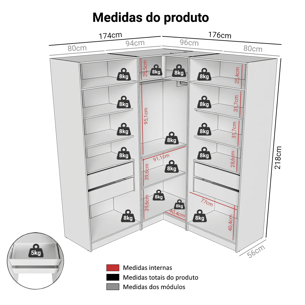 Guarda-Roupa Modulado de Canto 350 cm 6 Portas 4 Gavetas Branco Neo Madesa 01 - Image 3
