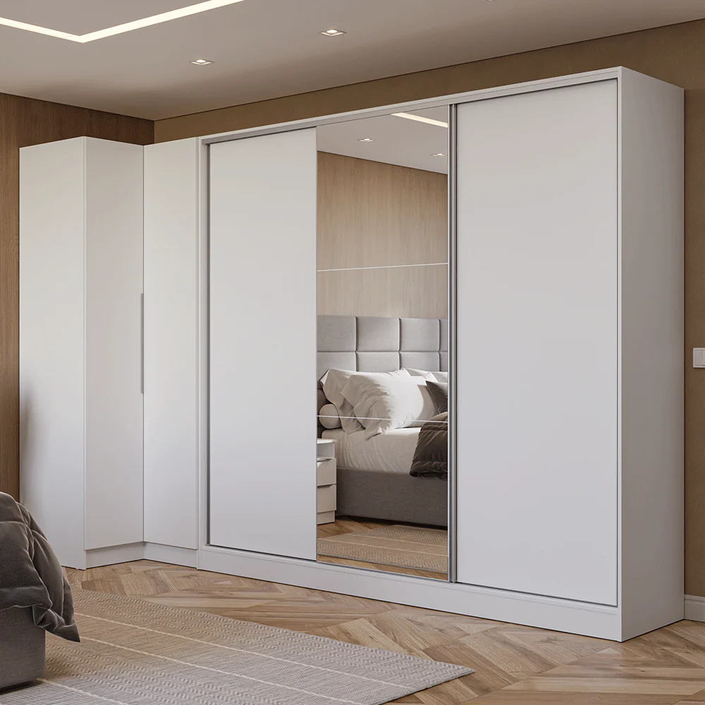 Guarda-Roupa Modulado Neo + Guarda-Roupa Royale 3 Portas de Correr com Espelho Branco Madesa