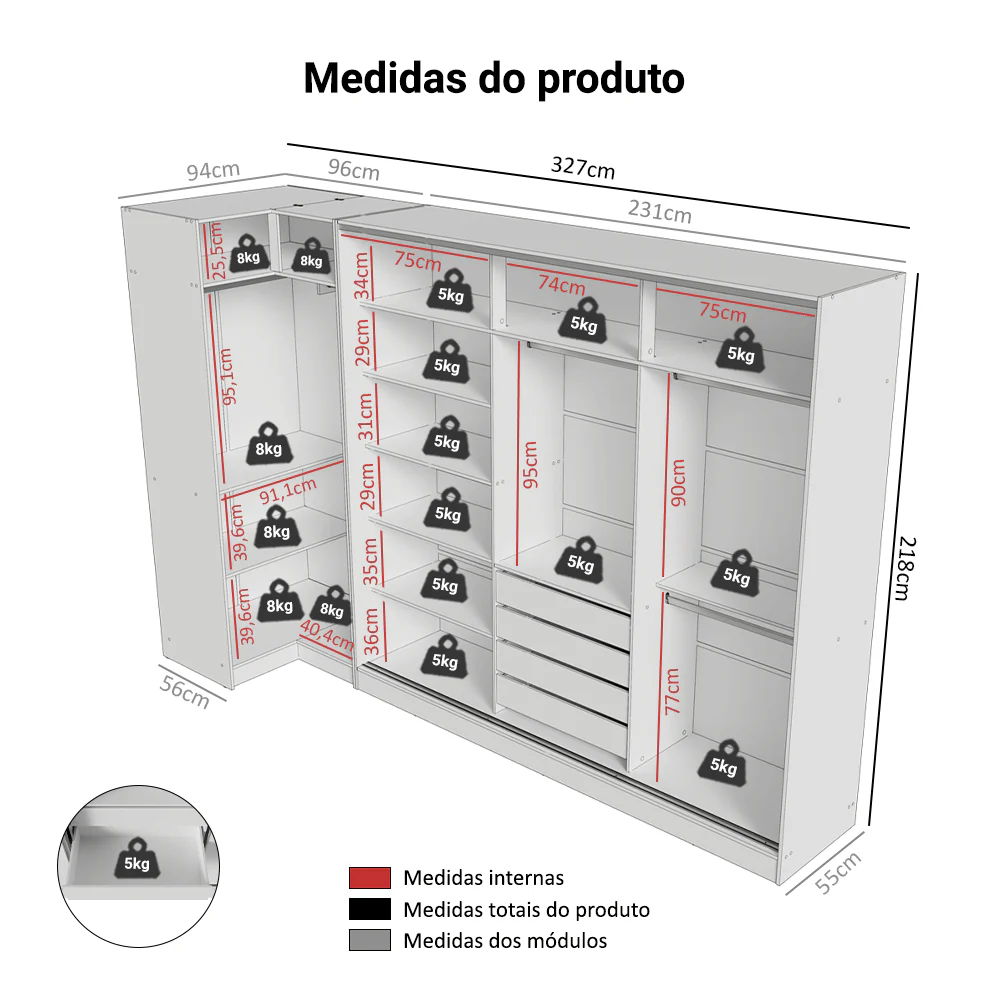 Guarda-Roupa Modulado Neo + Guarda-Roupa Royale 3 Portas de Correr de Espelho Branco Madesa - Image 3
