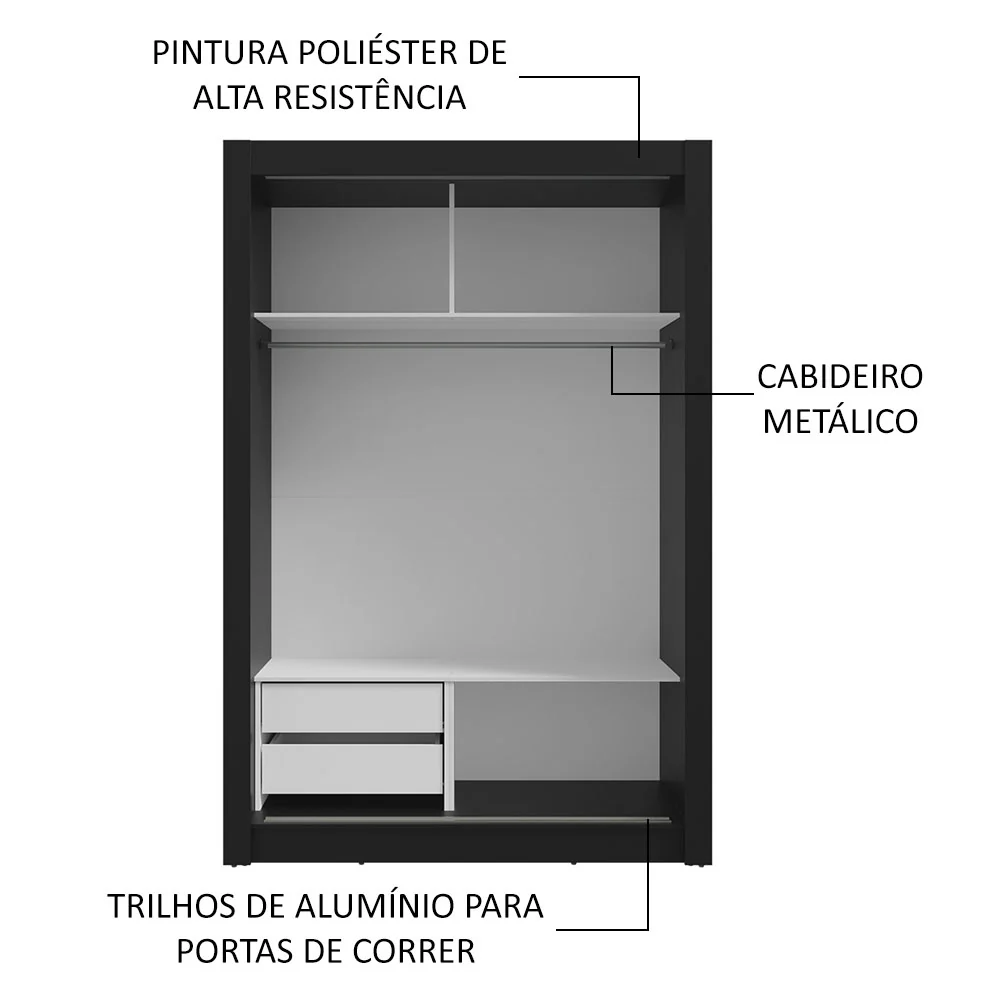 Guarda-Roupa Solteiro 2 Portas de Correr 2 Gavetas Preto/Branco Vivare Madesa - Image 6