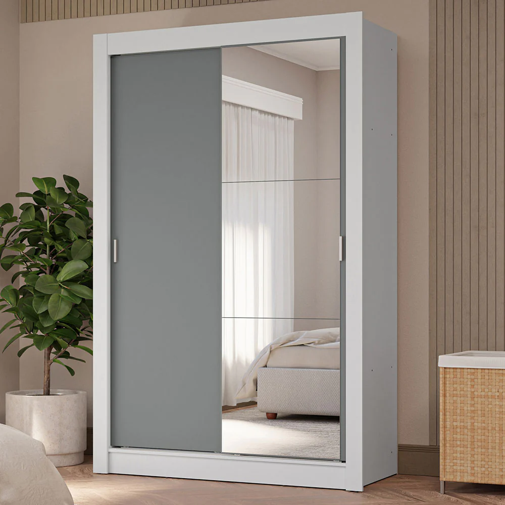 Guarda-Roupa Solteiro 2 Portas de Correr com Espelho 4 Gavetas Branco/Cinza Vivare Plus Madesa
