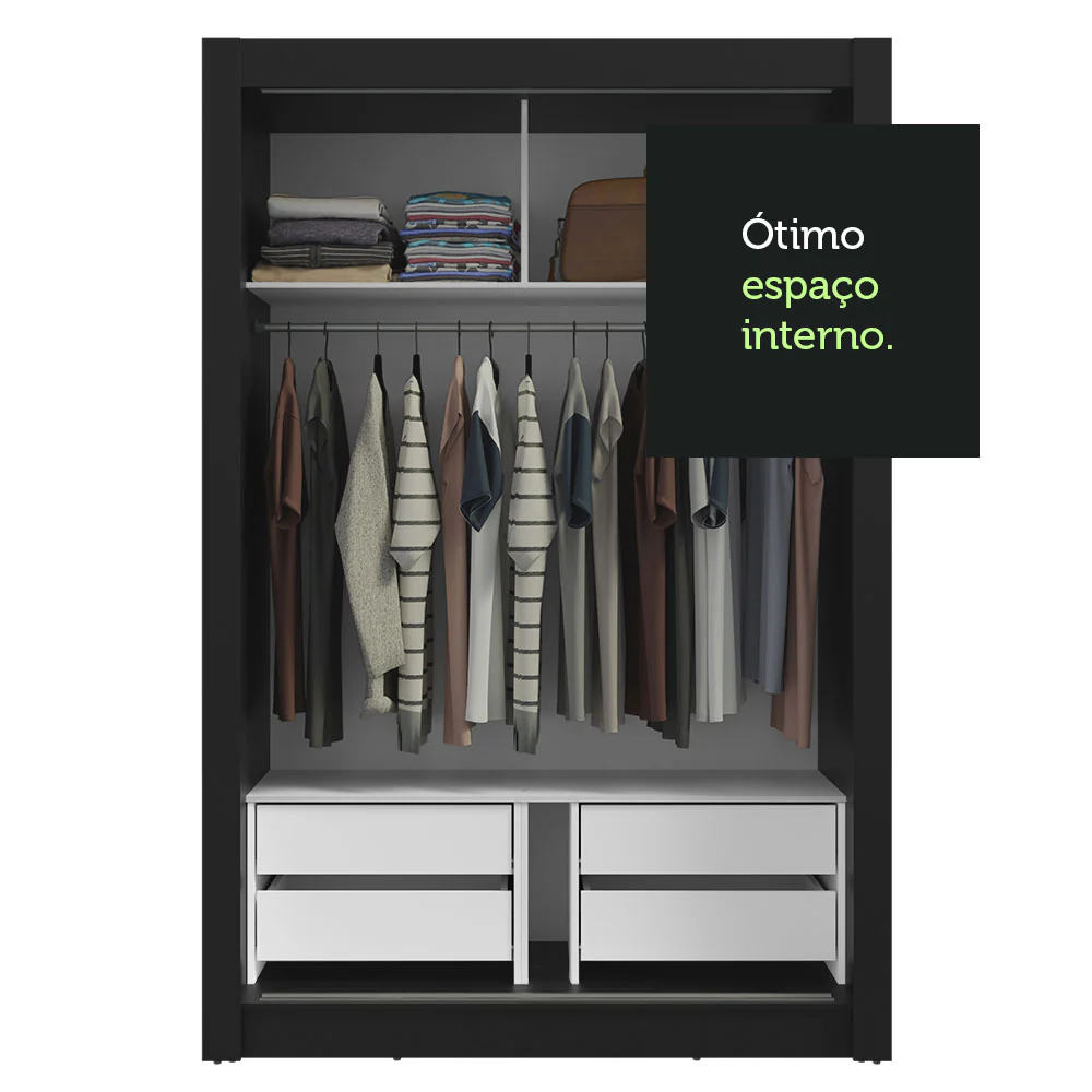 Guarda-Roupa Solteiro 2 Portas de Correr com Espelho 4 Gavetas Preto/Branco Vivare Plus Madesa - Image 8