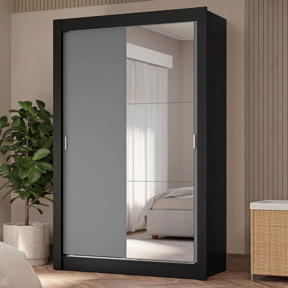 Guarda-Roupa Solteiro 2 Portas de Correr com Espelho 4 Gavetas Preto/Cinza Vivare Plus Madesa
