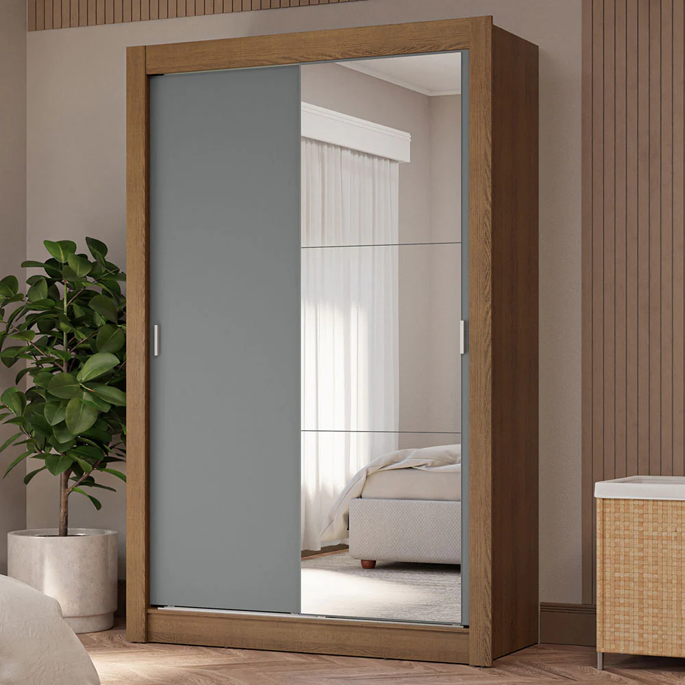 Guarda-Roupa Solteiro 2 Portas de Correr com Espelho 4 Gavetas Rustic/Cinza Vivare Plus Madesa