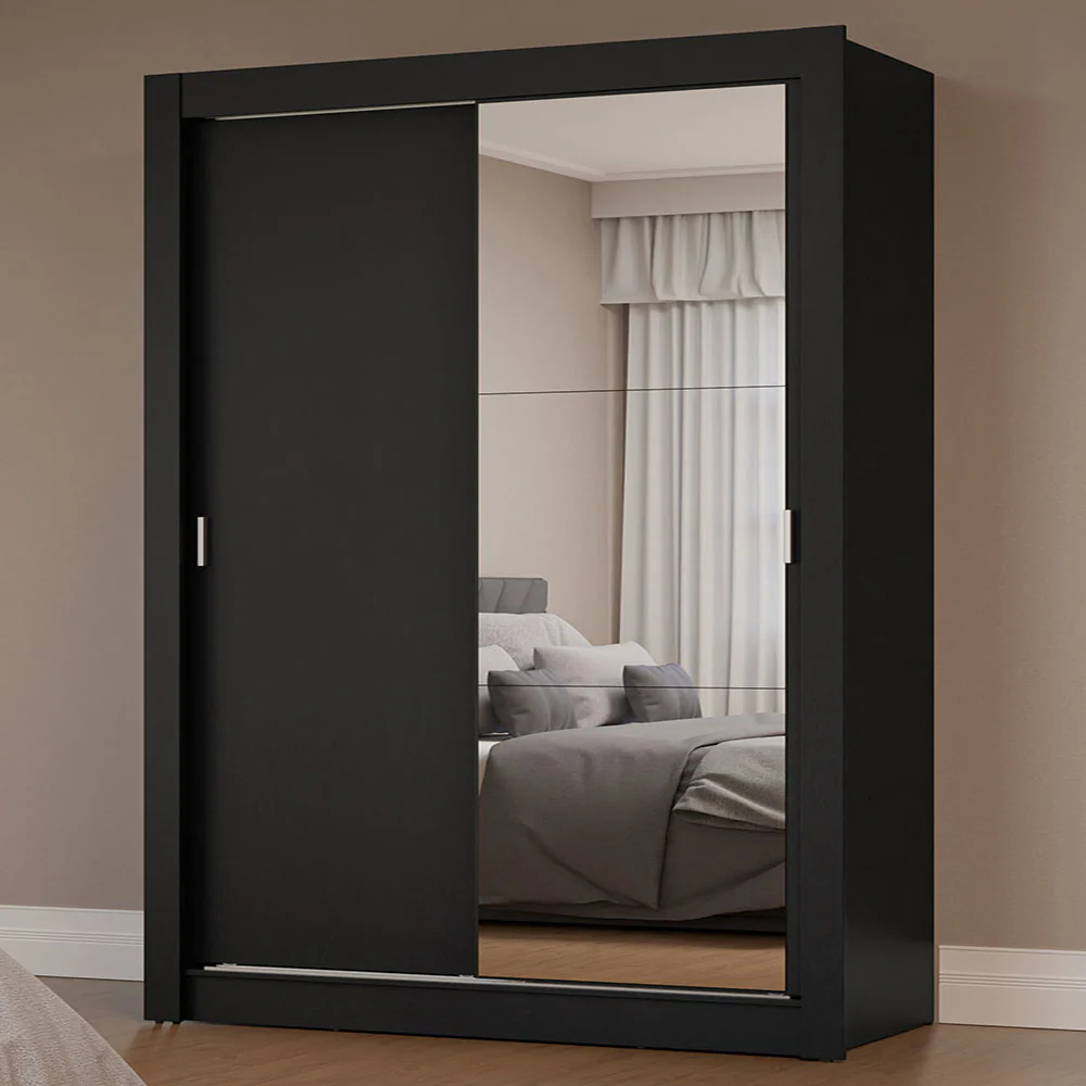 Guarda-Roupa Solteiro 2 Portas de Correr com Espelho Preto Milano Madesa