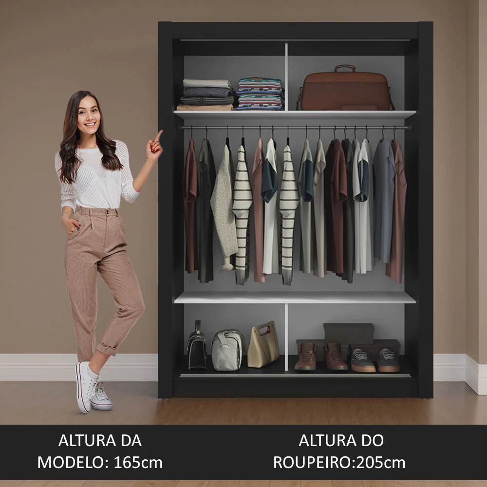 Guarda-Roupa Solteiro 2 Portas de Correr com Espelho Preto Milano Madesa - Image 5