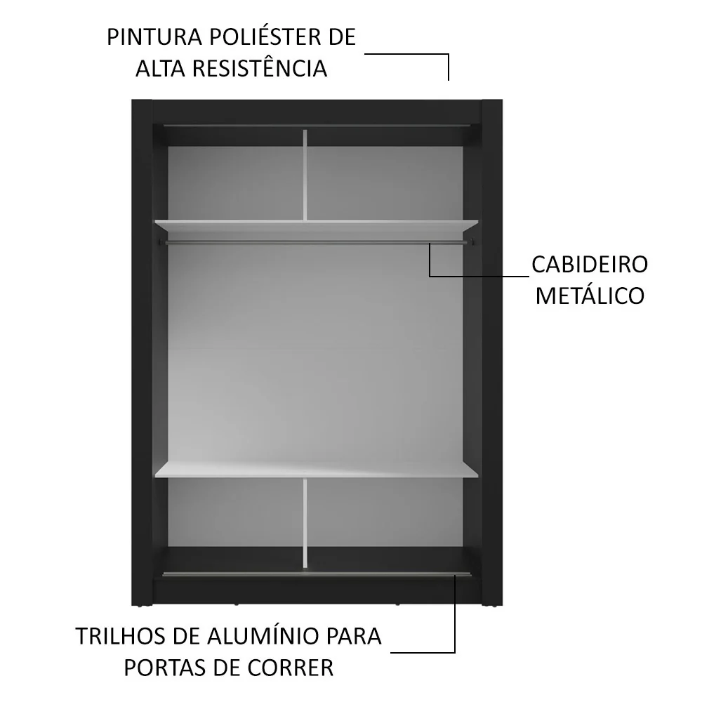 Guarda-Roupa Solteiro 2 Portas de Correr com Espelho Preto/Rustic Milano Madesa - Image 6