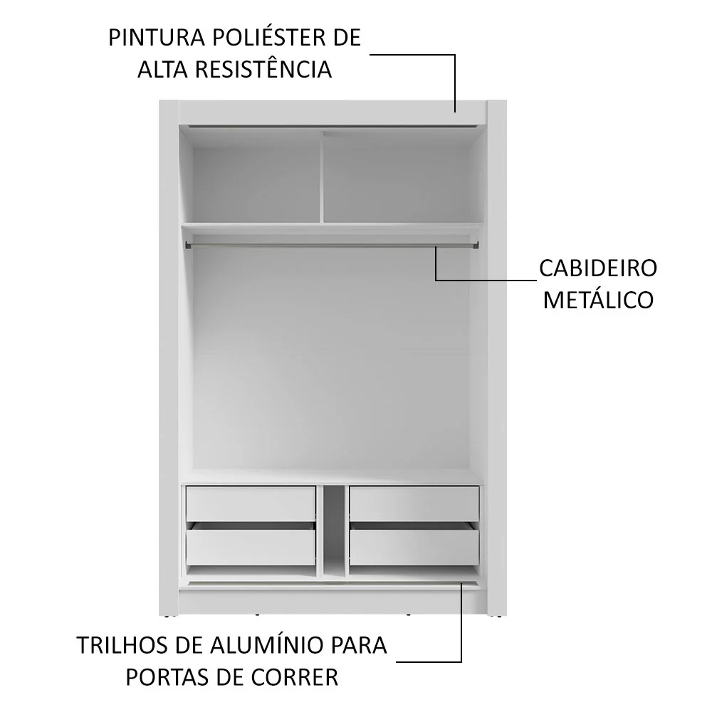 Guarda-Roupa Solteiro 2 Portas de Correr com Espelhos 4 Gavetas Branco Vivare Plus Madesa - Image 6