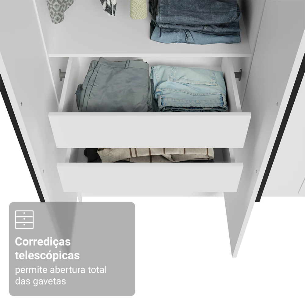 Guarda-Roupa Solteiro 4 Portas Batentes Branco/Branco/Preto Venus Madesa - Image 7