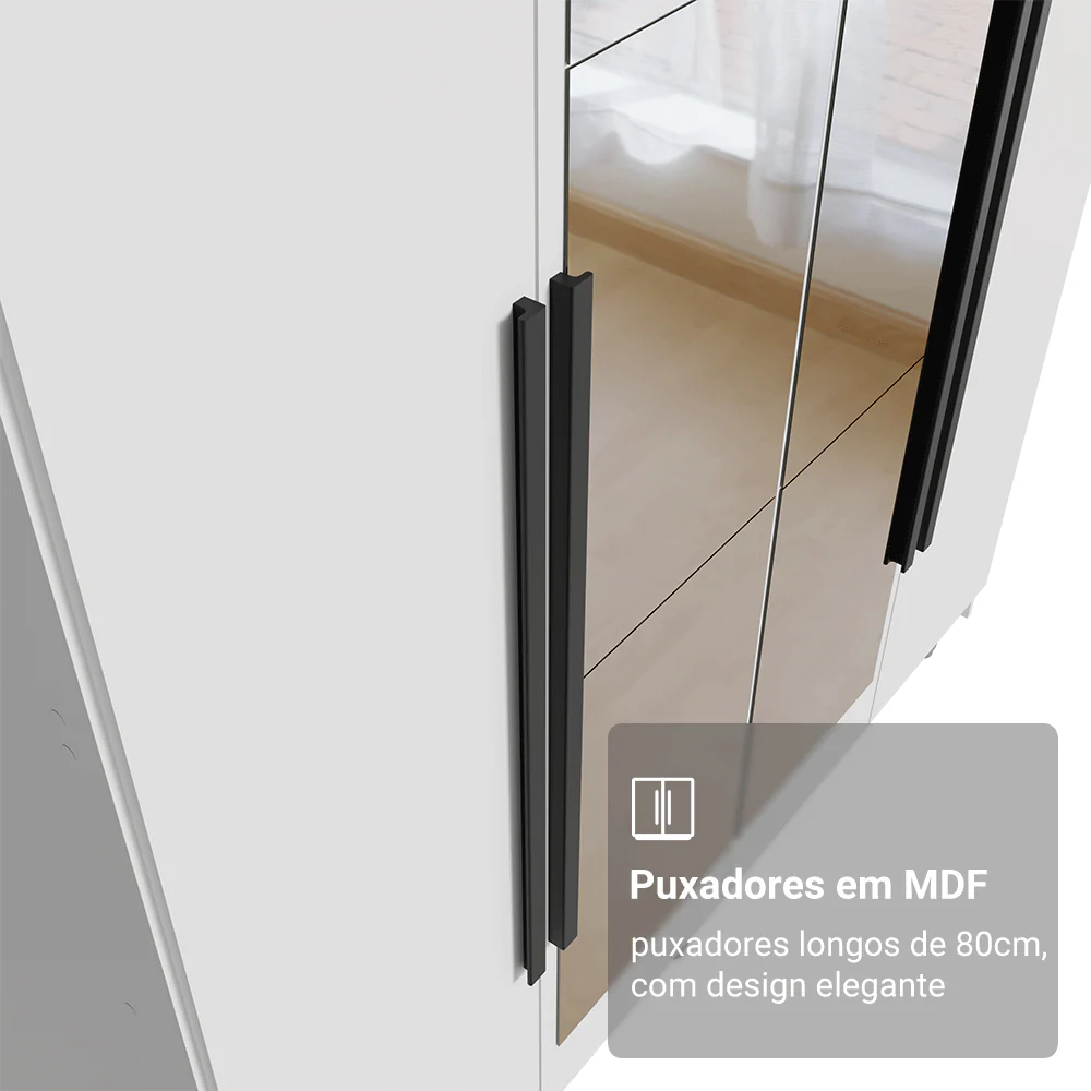 Guarda-Roupa Solteiro 4 Portas Batentes com Espelho Branco/Branco/Preto Venus Madesa - Image 6