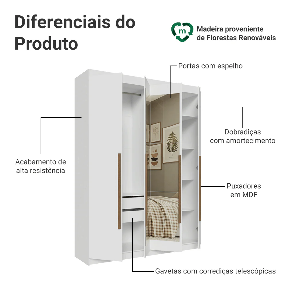 Guarda-Roupa Solteiro 4 Portas Batentes com Espelho Branco/Branco/Rustic Venus Madesa - Image 4