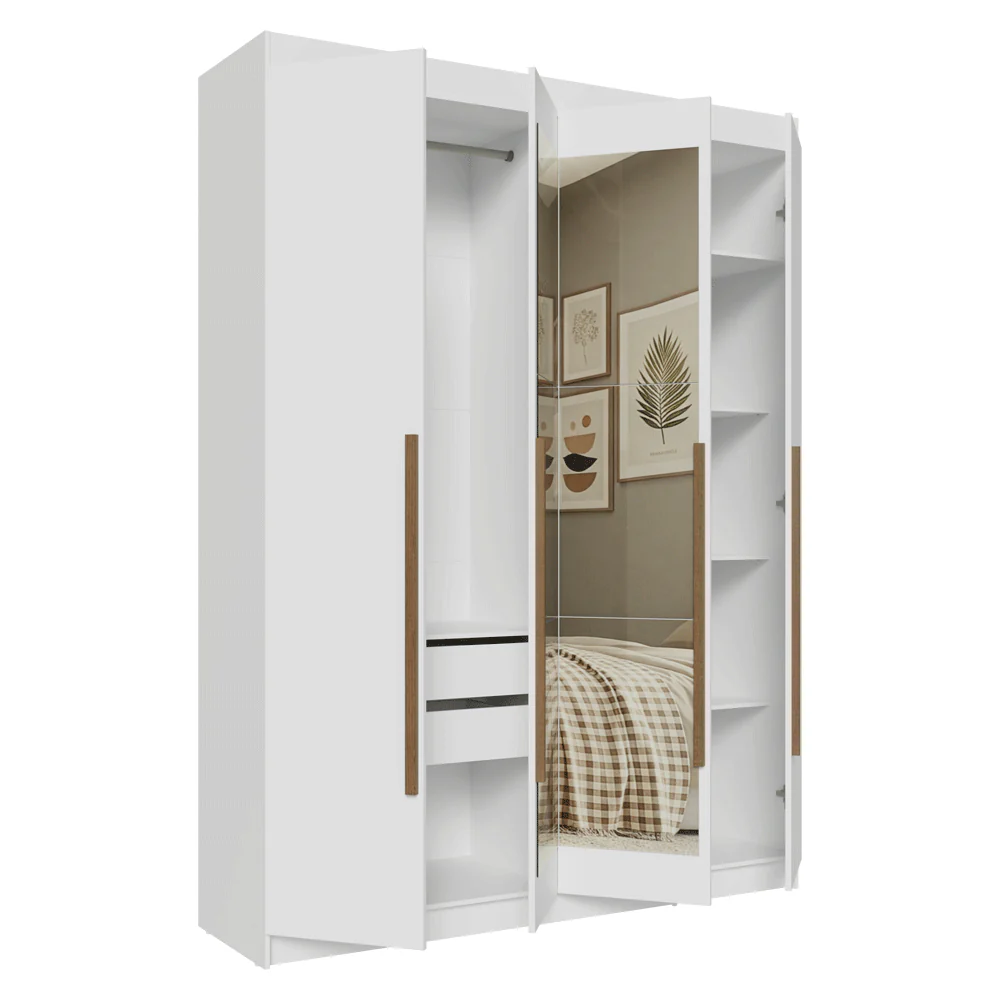 Guarda-Roupa Solteiro 4 Portas Batentes com Espelho Branco/Branco/Rustic Venus Madesa - Image 9