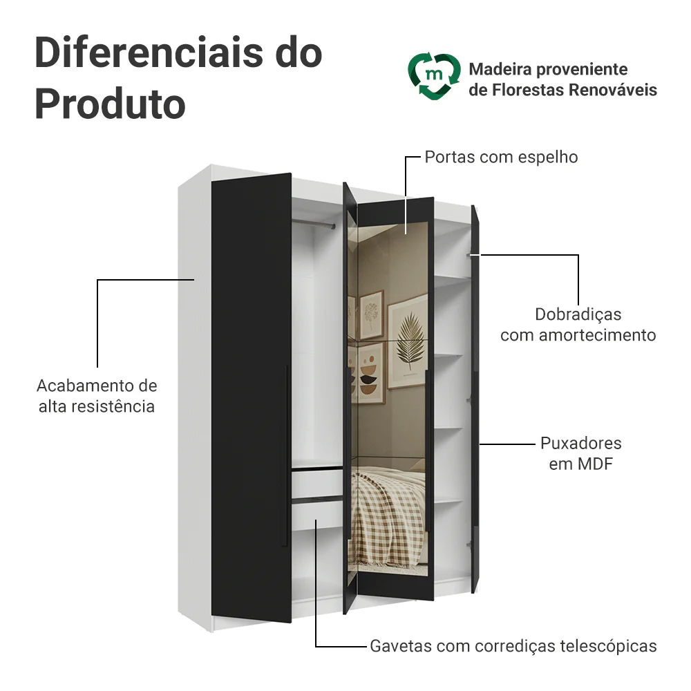 Guarda-Roupa Solteiro 4 Portas Batentes com Espelho Branco/Preto/Preto Venus Madesa - Image 4