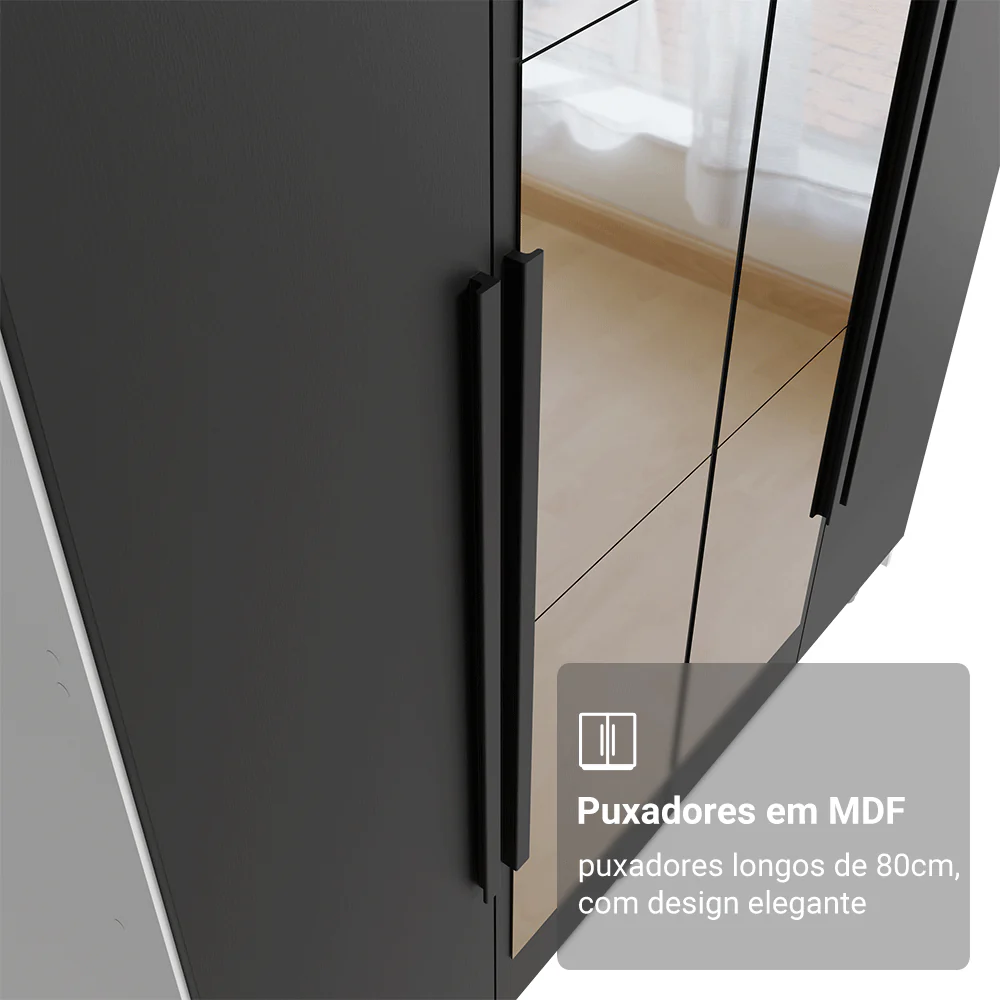Guarda-Roupa Solteiro 4 Portas Batentes com Espelho Branco/Preto/Preto Venus Madesa - Image 6