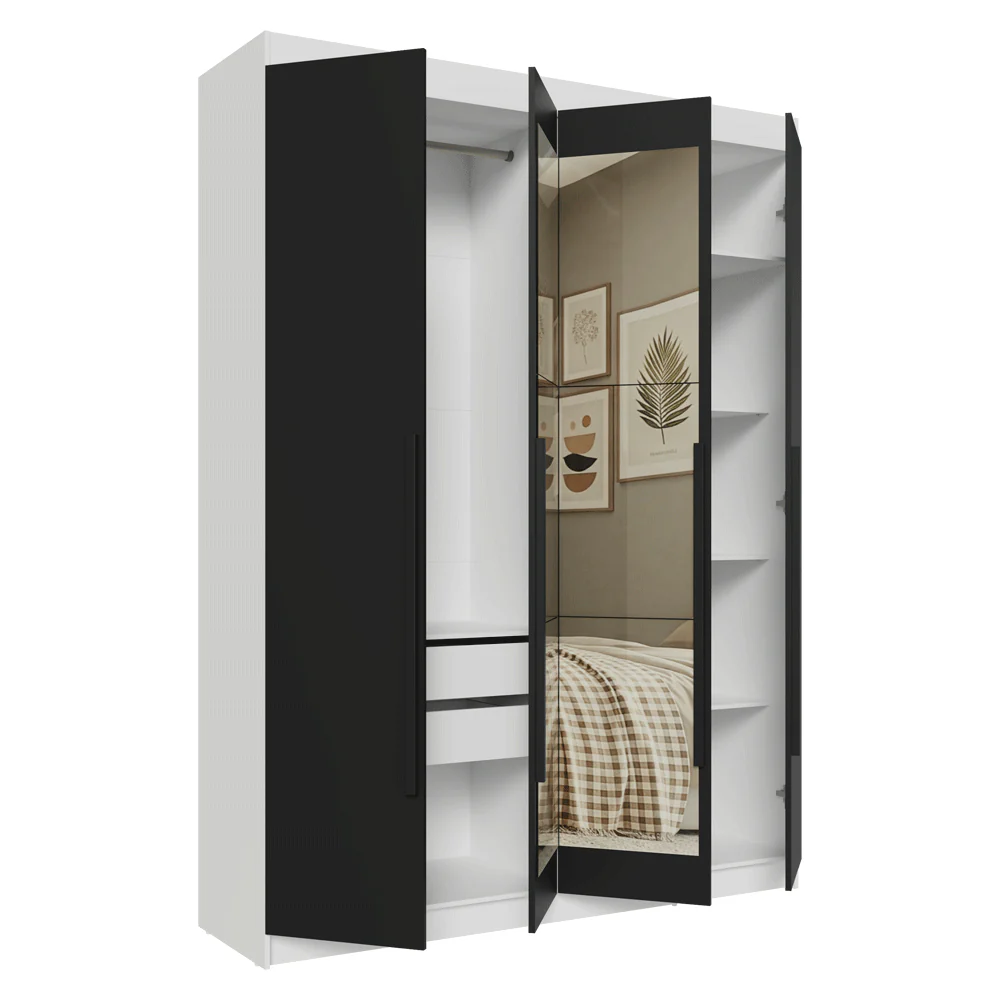 Guarda-Roupa Solteiro 4 Portas Batentes com Espelho Branco/Preto/Preto Venus Madesa - Image 9