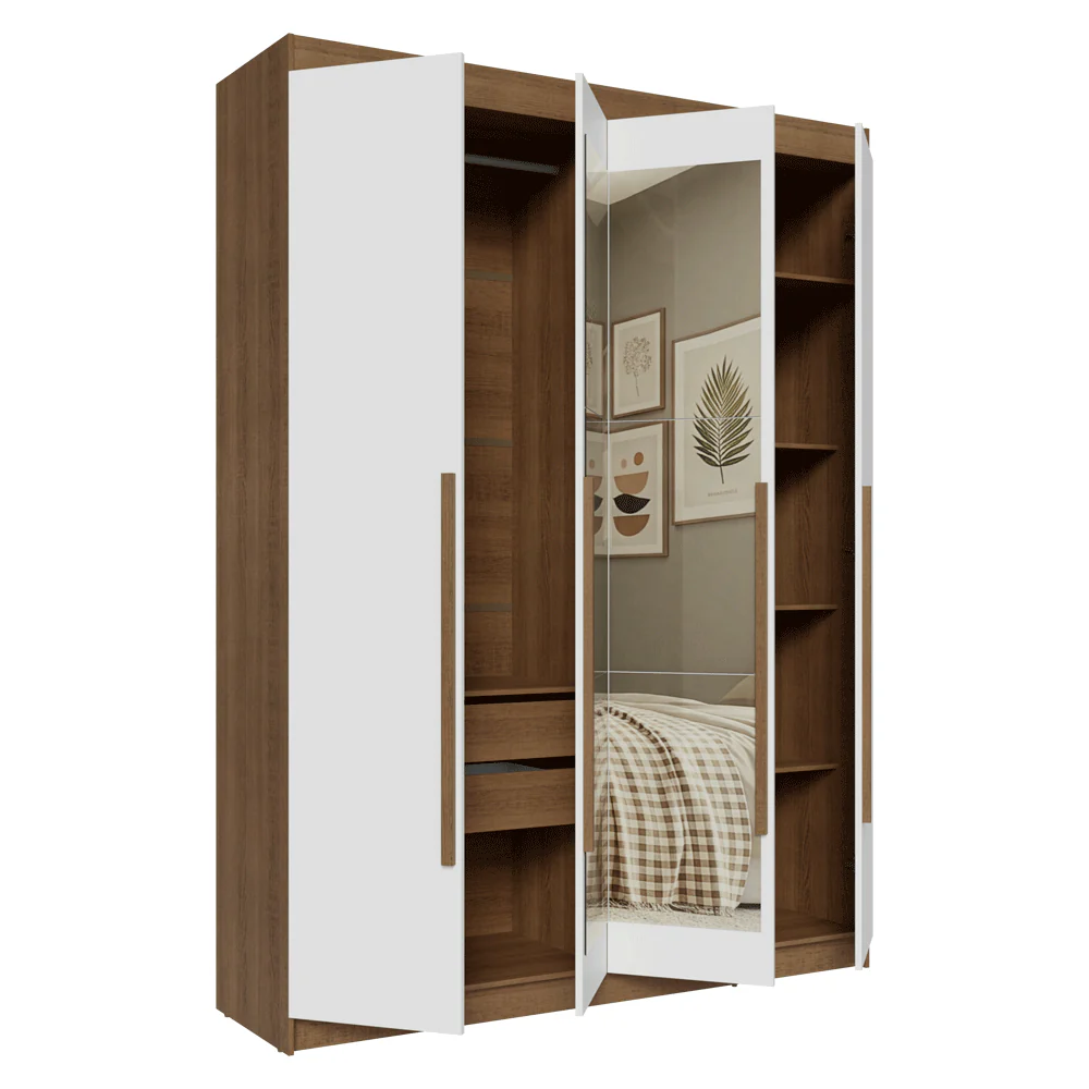 Guarda-Roupa Solteiro 4 Portas Batentes com Espelho Rustic/Branco/Rustic Venus Madesa - Image 9