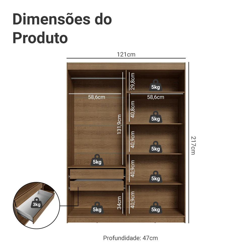 Guarda-Roupa Solteiro 4 Portas Batentes com Espelho Rustic/Crema/Rustic Venus Madesa - Image 3